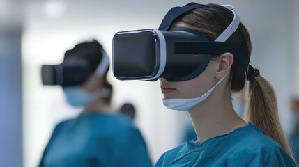 Woman in scrubs wearing a vr headset with other medical personnel in the background in a hospital setting