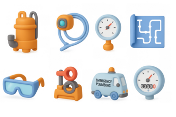 3d plumbing tools set: pump, camera, gauge, pipe maze, goggles, wrench, van, meter