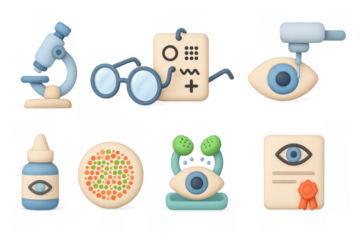 Optometry and vision icons set in 3d style