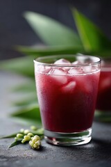 Refreshing chicha morada drink with ice and vibrant purple color for a summer delight