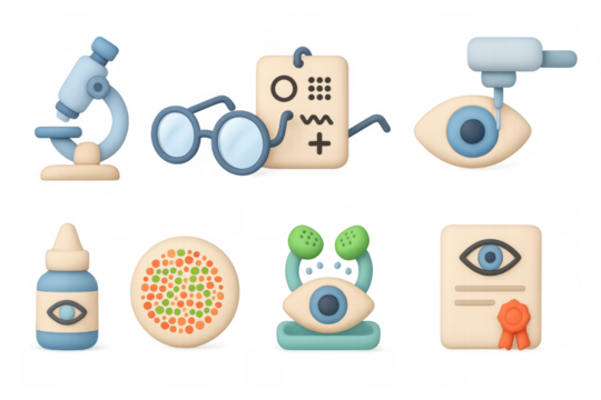 Optometry and vision icons set in 3d style
