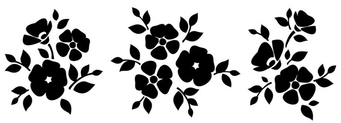 Black silhouettes of flowers and leaves isolated on a white background. Set of vector stencils of flowers