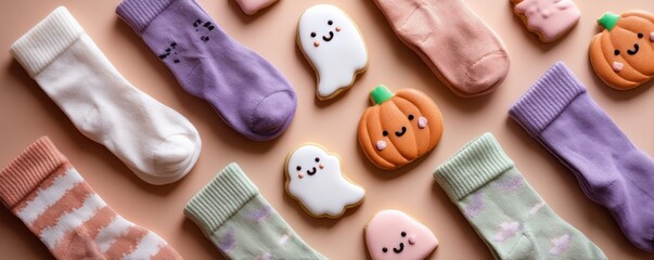 Naklejka premium Halloween for introverts concept shows Cozy socks and Halloween-themed cookies arranged playfully on a soft background.