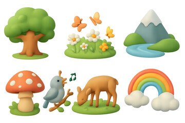 Obraz premium Whimsical 3d nature elements: trees, wildlife, and rainbows in pastel colors