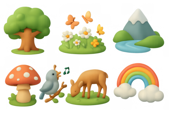 Whimsical 3d nature elements: trees, wildlife, and rainbows in pastel colors - Powered by Adobe