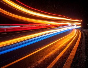 Nighttime car lights trails on winding road
