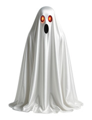 Terrifying Red-Eyed Ghost in Flowing White Sheet with Black Mouth, Classic Halloween Spirit with Realistic Shadows and Folds, Isolated on Transparent and White Background