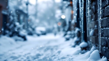 Close-up of icicles hanging from a brick wall edge over a blurred winter alley. Snow falls softly on the ground, creating a cold, urban, and tranquil scene