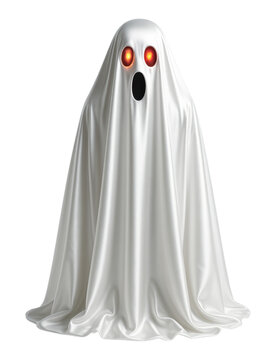 Terrifying Red-Eyed Ghost in Flowing White Sheet with Black Mouth, Classic Halloween Spirit with Realistic Shadows and Folds, Isolated on Transparent and White Background