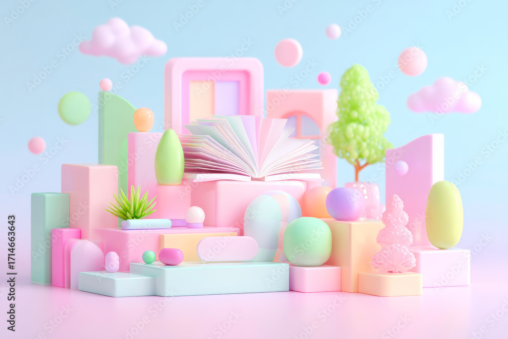Poster a playful abstract render of a beautiful stack of colorful shapes with a simple open book
