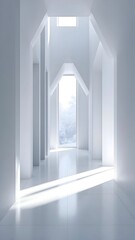 A bright, minimalist white corridor with a geometric high ceiling and skylight. Sunlight casts long shadows on the polished floor, leading to a distant snowy view