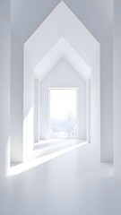 A clean, bright white corridor with a minimalist house-shaped archway leading to a sunlit window view of a snowy landscape and tree. Contemporary winter design