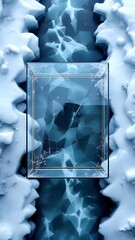 A vertical, rectangular glass or ice frame with a gold edge over deep blue cracked ice texture, flanked by white icy ridges. Abstract cold winter background