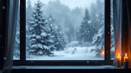 Cozy, warm interior view through a window onto a heavily falling snow scene with pine trees. Two lit candles on the sill create a peaceful Christmas atmosphere