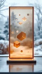 A modern vertical glass display case with floating copper geometric shapes, set against a blurred snowy window view. Abstract luxury product platform