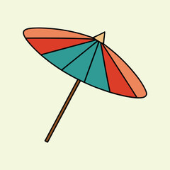 A vintage inspired cocktail umbrella with teal and orange segments on tan