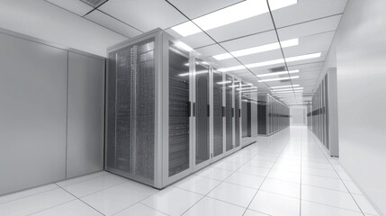 A long, narrow hallway with white walls and tiled floors, lined with rows of server racks and cabinets, and a ceiling with fluorescent lights.
