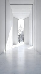 A clean, bright white corridor or archway leading into a minimalist snowy outdoor landscape with a bare tree. Elegant and contemporary winter background