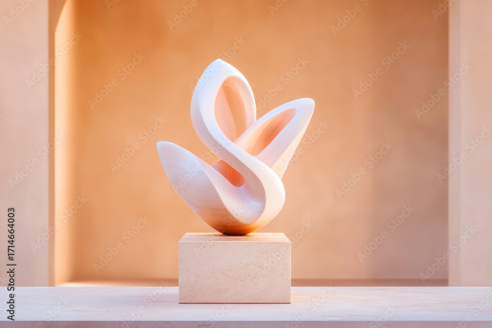 Poster a serene abstract image of a beautiful white sculptural form with a minimalist swirling design on a 