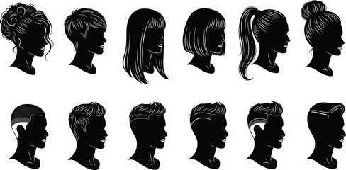 Hairstyle silhouette vector set, male and female haircut icons, trendy hair designs, buzz cut, ponytail, fade, bun, pixie, bob, undercut