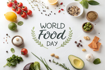 World Food Day Poster with Assorted Foods on White Background