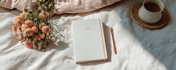 Fototapeta premium Halloween for introverts concept shows A serene flat lay featuring a notebook, pen, dried flowers, and a cup, creating a cozy workspace vibe.
