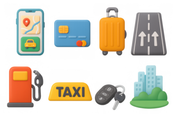 3d icons of travel and transportation: suitcase, map, taxi sign, fuel pump
