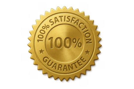 Golden 100 percent satisfaction guarantee seal emblem - Powered by Adobe