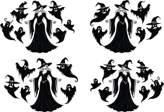 Halloween witch with spooky ghosts, cartoon silhouette vector, black and white illustration, scary costume design for decoration, party, print, and stock content