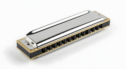 Harmonica: Close-up of a gleaming harmonica, with its metallic surface and meticulously arranged holes, evokes a sense of musical artistry and the potential for soulful melodies.