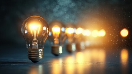 A row of light bulbs with one glowing brightly, emitting a warm glow against a dark background.