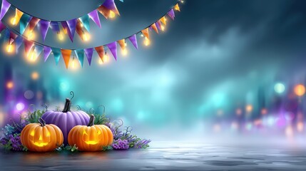 Festive Halloween Night with Glowing Pumpkins and Colorful Banners