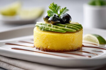 Vibrant causa rellena topped with avocado and olives on a serving plate full of flavors