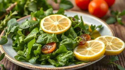 Plate of salad with lemons and tomatoes on the table, illustrating fresh healthy ingredients, colorful vegetarian meal, nutritious dish preparation, and appetizing culinary presentation
