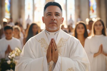 Middle-aged Hispanic male priest leads mass with diverse group of worshippers in a beautiful church setting