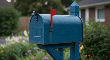 Blue mailbox in front yard