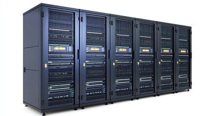 A large server rack with multiple servers and storage units, featuring a sleek black finish and illuminated LED lights.