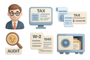 3d tax and audit concept with businessman, monitor, documents, safe, coffee