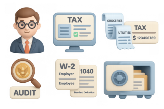 3d tax and audit concept with businessman, monitor, documents, safe, coffee