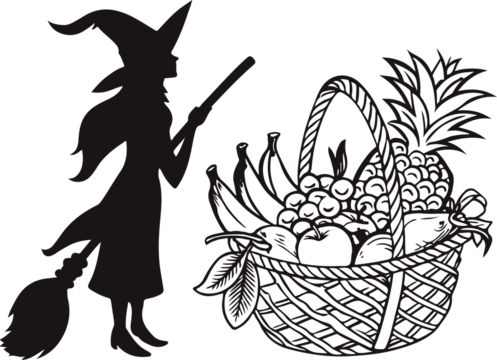Witch silhouette positioned next to the fruit basket