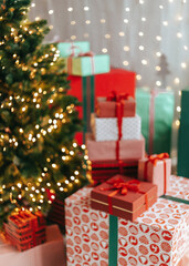 Christmas and New Year holiday celebration with decorated tree, glowing lights, wrapped gifts, champagne glasses, and joyful family moments.