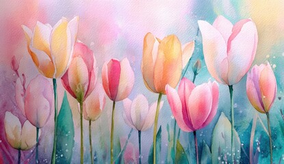 Watercolor tulips in pastel shades