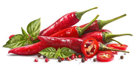 Slices of chili and red spicy chili peppers are isolated on a white backdrop. Clipping paths are included in the file.
