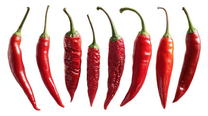Isolated against a white backdrop are fiery red chili peppers. A group or assortment 