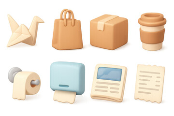 3d icons of origami, shopping, packages, and office supplies in neutral tones