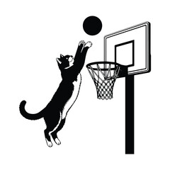 Fototapeta premium Playful cat in silhouette jumping to shoot a basketball into a hoop silhouette