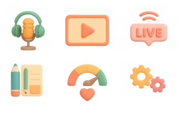 Colorful 3d icons set for media and content creation