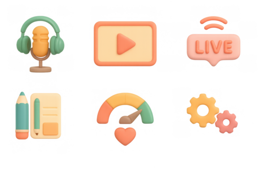 Colorful 3d icons set for media and content creation