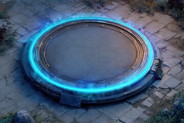 Circular, metallic platform with a glowing blue ring
