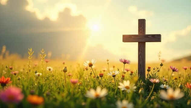 A serene image depicting a simple wooden cross, nestled amongst wildflowers in a sun-drenched field, evokes peace and remembrance on a Christian holy day , reflection, sun, beauty - Powered by Adobe